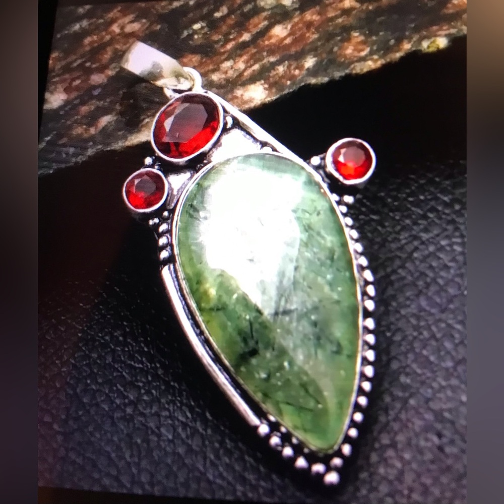 Prehnite Garnet Stamped 925 Sterling Silver Necklace